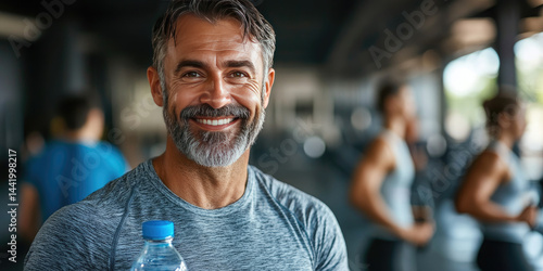 Obraz na płótnie Smiling mature man with gray hair holding water bottle in gym, representing healthy lifestyle, fitness motivation, hydration, and confidence in middle-aged wellness routine. Banner. Copy space. w salonie