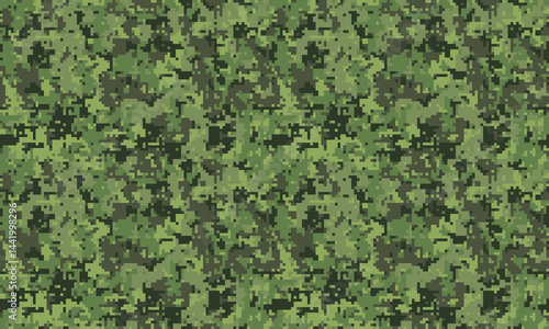 Abstract pixelated camouflage pattern in shades of green and black. Ideal for backgrounds, textiles, militarythemed designs, or creating a sense of concealment and mystery.