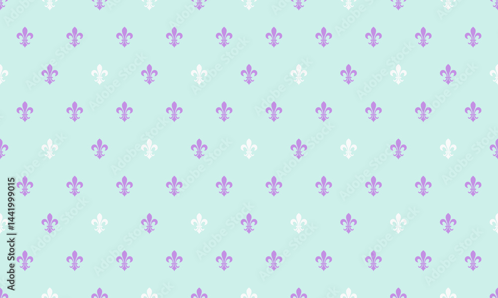 Elegant pastel purple and white fleurdelis pattern on a soft mint background. Perfect for wedding invitations, feminine branding, or delicate design projects. Elegant pastel purple and white fleurdelis pattern on a soft mint background. Perfect for wedding invitations, feminine branding, or delicate design projects.