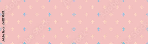 Elegant pastel pink background with a repeating pattern of delicate fleurdelis motifs in soft blue and peach. Perfect for branding, websites, packaging, textiles, and stationery design.
