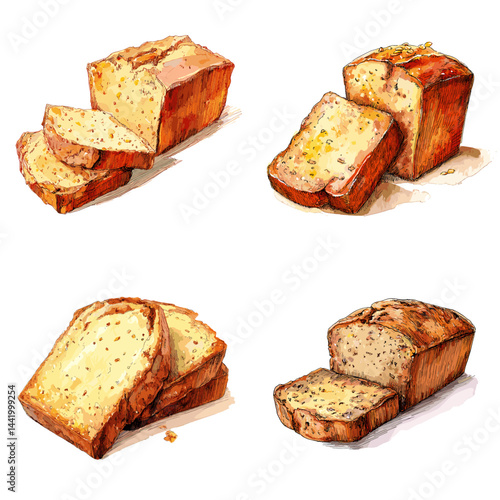 Watercolor pound cake illustration with sliced loaf. Perfect for dessert menus, bakery branding, homemade baking visuals, or sweet treat designs. Isolated on white background.


