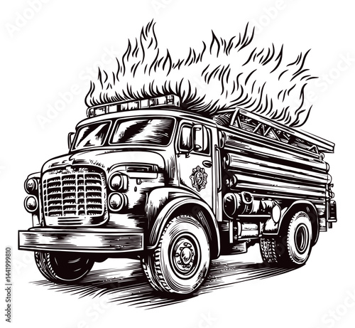 Vintage Fire Truck Engraving with Flames in Black and White Style