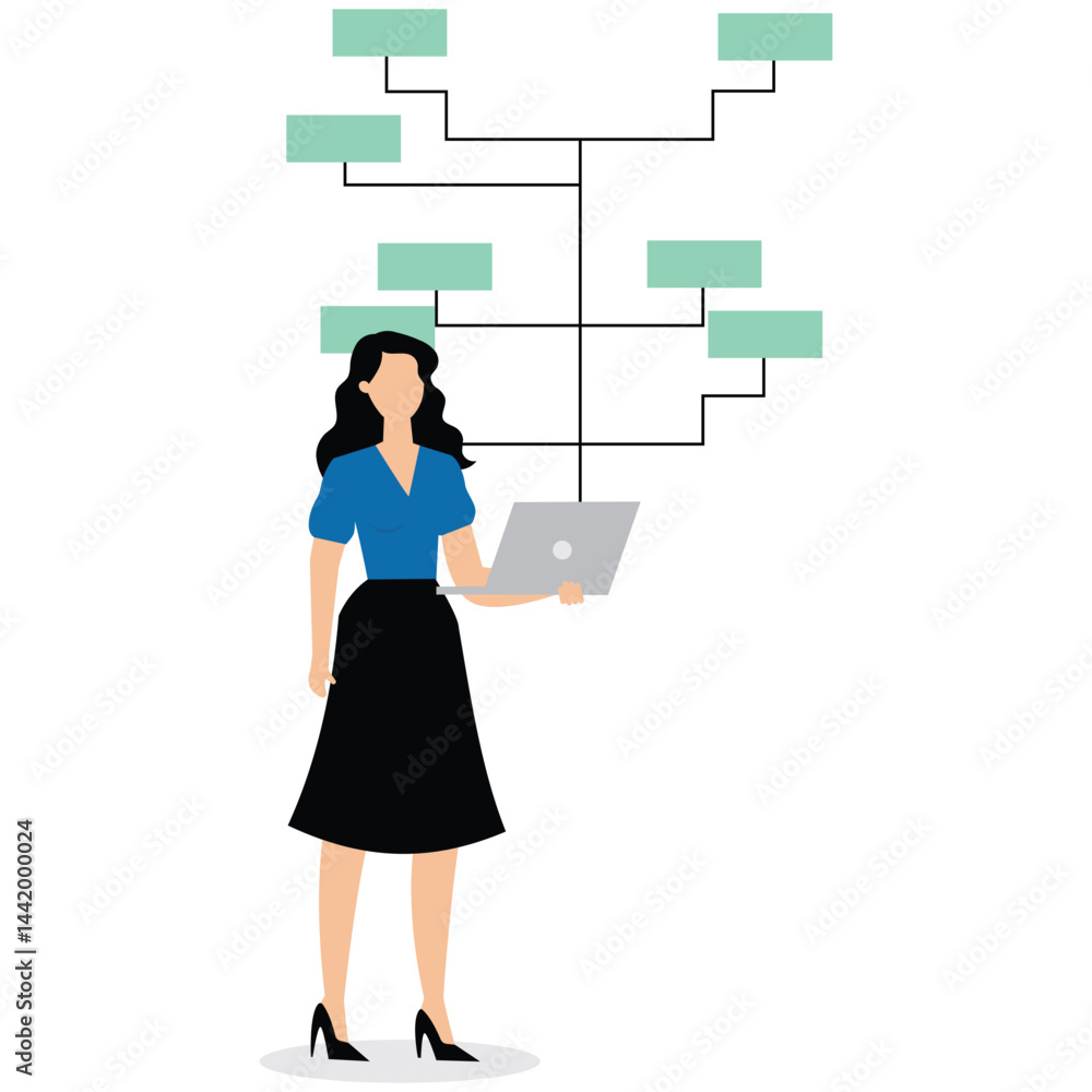 Businesswoman analyst building block scheme, developing arranged logic system, flowchart Businesswoman analyst building block scheme, developing arranged logic system, flowchart