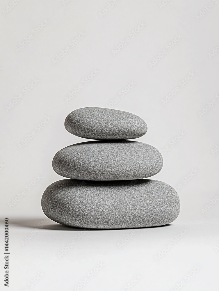Three gray stones stacked on a white background.