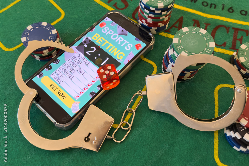 Illegal gambling concept handgun with betting chips.