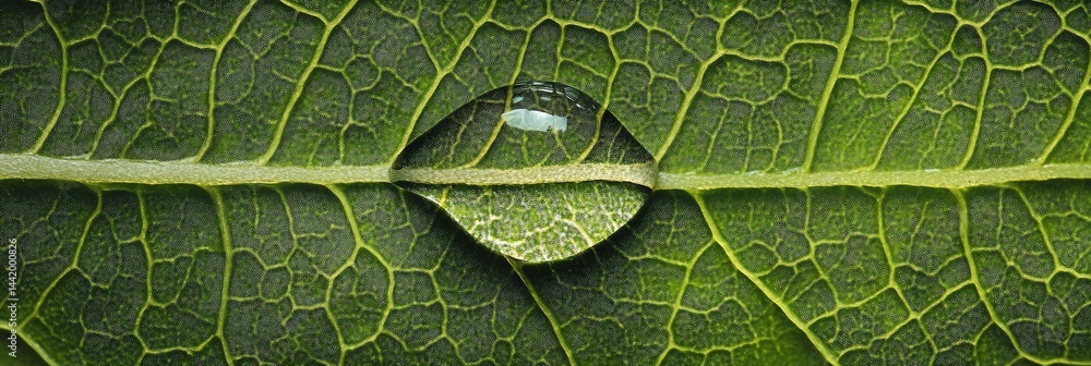 Dewdrop on a leaf, showcasing leaf vein detail and water droplet reflection.