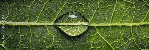 Obraz na płótnie Dewdrop on a leaf, showcasing leaf vein detail and water droplet reflection. w salonie