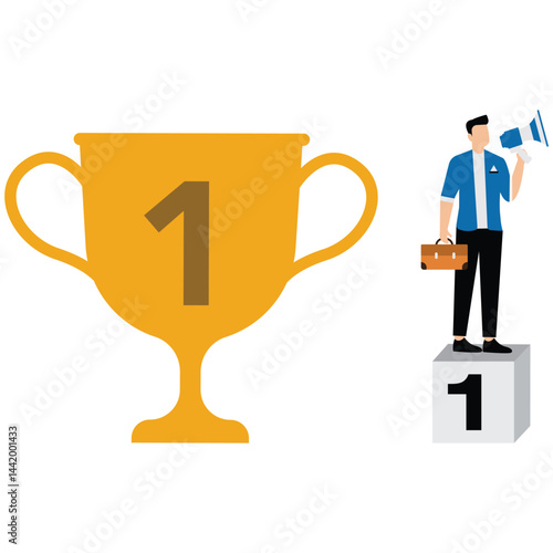 Businessman telling success story with megaphone with winner trophy