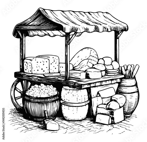 Vintage Engraving of a Rustic Market Stall with Fresh Produce