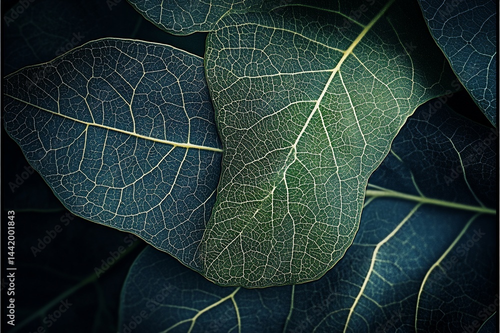 Close-up of intricate leaf veins, dark teal and green tones, natural texture.