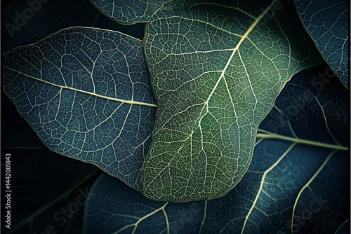 Close-up of intricate leaf veins, dark teal and green tones, natural texture.