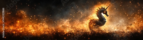 Fiery Seahorse, Fantasy Background, Epic Scene, Fantasy Art, Desktop Wallpaper