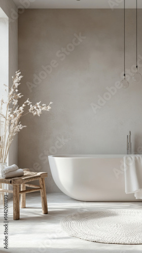 Modern minimalistic bathroom with freestanding bathtub, soft natural light, beige wall background, cozy wooden stool, plush rug, and elegant lighting fixtures