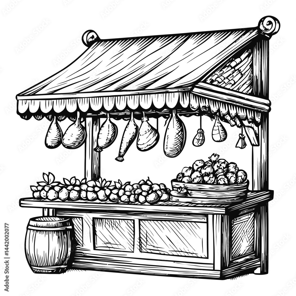 Fototapeta premium Vintage Engraving of a Fruit and Vegetable Market Stall