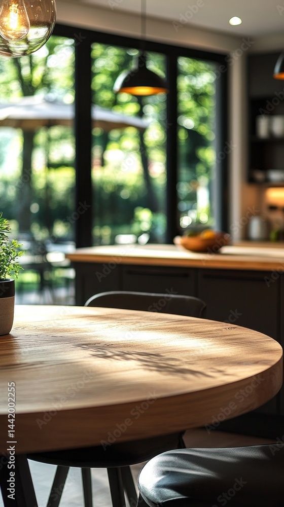 A round wooden table sits empty in a modern kitchen, bathed in natural light. The spacious interior showcases greenery outside, enhancing a fresh atmosphere A round wooden table sits empty in a modern kitchen, bathed in natural light. The spacious interior showcases greenery outside, enhancing a fresh atmosphere