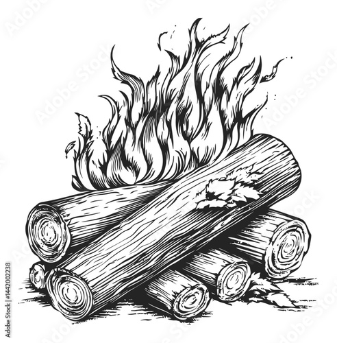 Black and White Engraving of Wooden Logs with Flames and Leaves