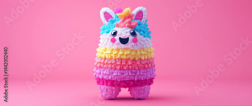 Obraz na płótnie Cute rainbow unicorn piñata on pink background. w salonie