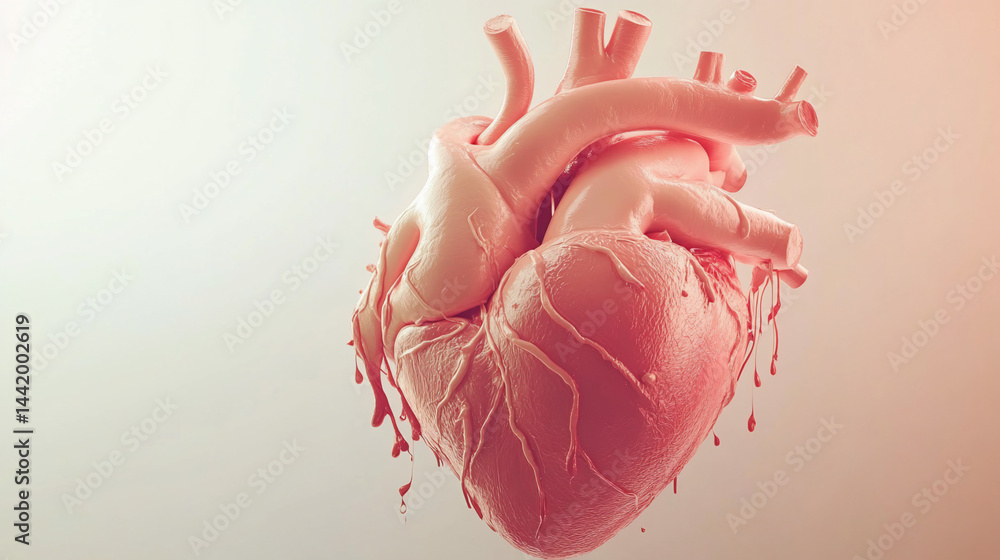 Melted anatomical heart model dripping, isolated on white background.