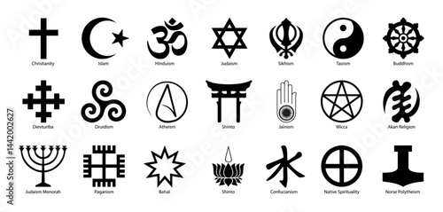 Religious Symbol Set. Christianity, Islam, Hinduism, Judaism, Buddhism, Atheism, Shinto, Jainism, Taoism, Paganism, Confucianism Etc Collection Vector Illustration