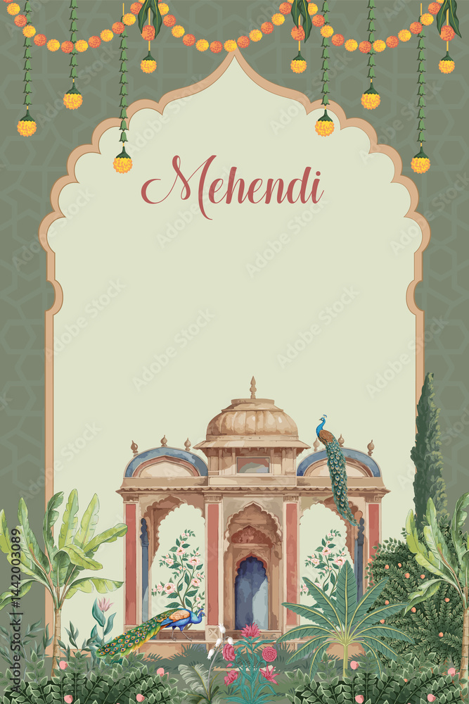 custom made wallpaper toronto digitalMughal wedding card with mehendi design, watercolor background, Rajasthani tropical mural illustration