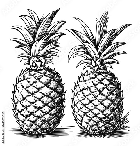 Detailed Black and White Engraving of Pineapples with Foliage