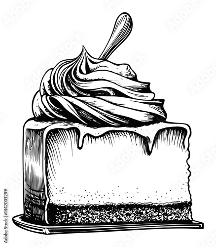 Vintage Engraving of Delicious Slice of Cake with Whipped Cream