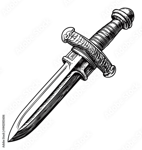 Detailed Black and White Engraving of an Ornate Dagger Design