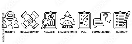 Brief icon set vector illustration concept for a briefing of business plan with an icon of meeting, collaboration, analysis, brainstorming, plan, communication, and summary