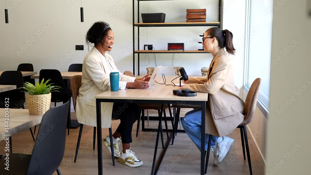 Professional female podcasters collaborating, recording audio episode in bright, modern studio with microphones and enthusiastic communication Professional female podcasters collaborating, recording audio episode in bright, modern studio with microphones and enthusiastic communication