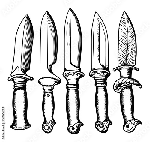 Detailed Engraving of Various Knives with Decorative Handles