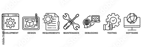 Agile icon set vector illustration concept with icon of development, design, requirements, maintenance, debugging, testing and software
