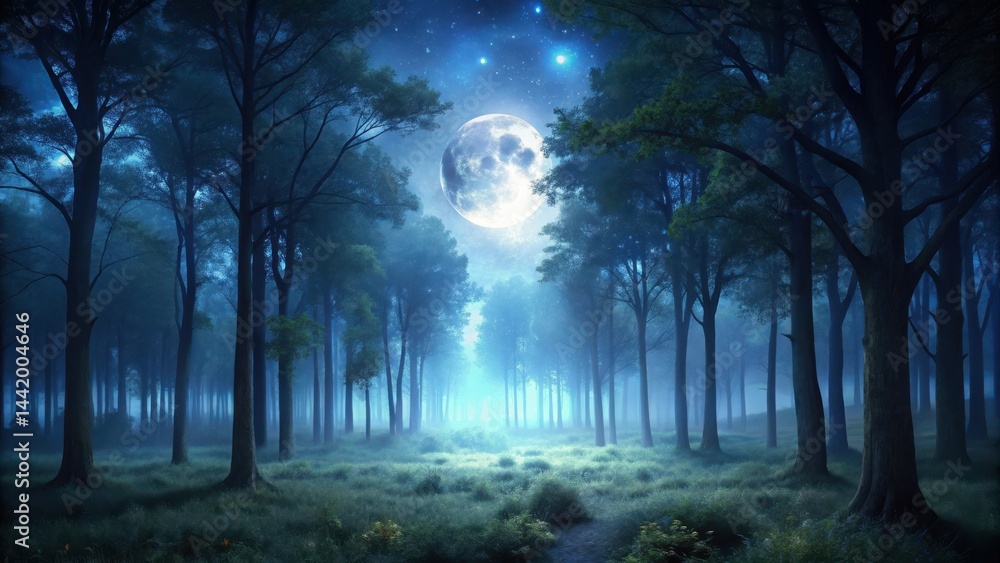 Dark forest with only moonlight shining through trees, night, wilderness, night, wilderness, trees Dark forest with only moonlight shining through trees, night, wilderness, night, wilderness, trees