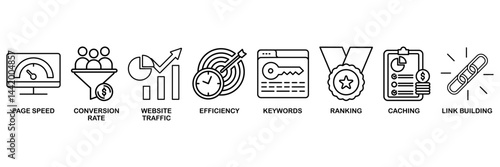 Website optimization icon set vector illustration concept with icon of page speed, conversion rate, website traffic, efficiency, keywords, ranking, caching, link building�