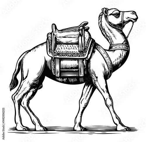 Detailed Black and White Engraving of a Camel with Saddle