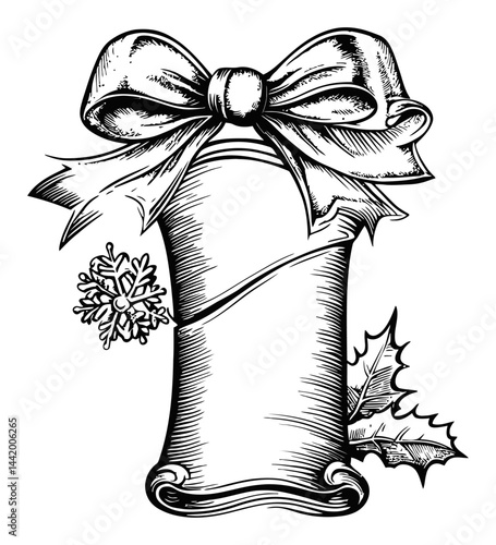 Vintage Engraving of a Ribbon-Wrapped Scroll with Holly and Snowflake