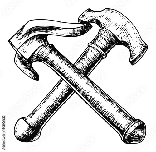Vintage Engraving of Two Crossed Hammers in Detailed Illustration