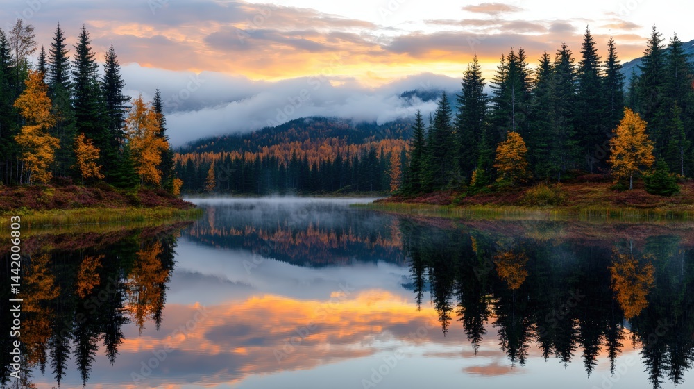 Fototapeta premium Tranquil autumn landscape with calm lake reflecting colorful trees and misty mountains du sunrise in a serene forest setting