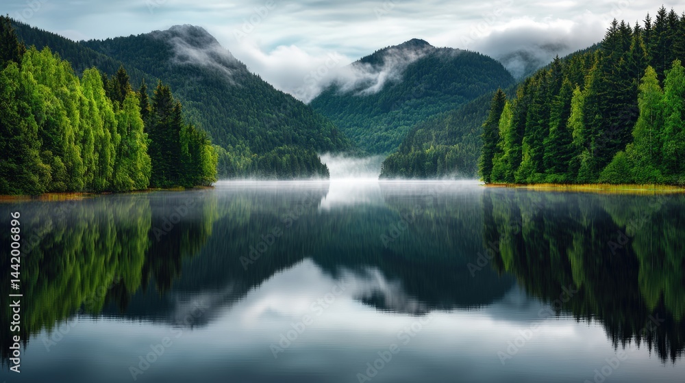 Fototapeta premium Serene mountain landscape with lush green trees surrounding a calm reflective lake under misty cloudy sky du daytime