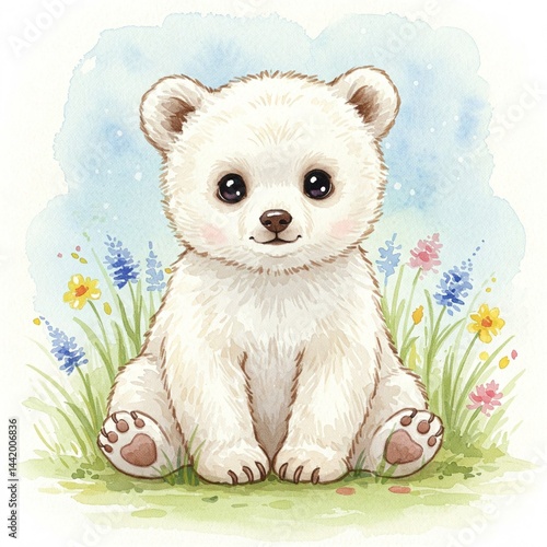 Watercolor illustration of a cute white bear