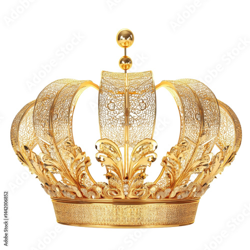 A magnificent golden crown showcasing elaborate carvings and sparkling accents.