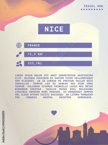 Nice, France vector infographics, brochure layout. Guide, leaflet, flyer, advertising graphic template with text, information, city skyline shape. Page, festival, cover mock up image