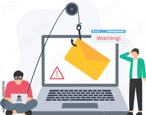 Phishing attack with hacker holding laptop with skull and crossbones, stealing data with email and fishing rod from surprised user with warning message

