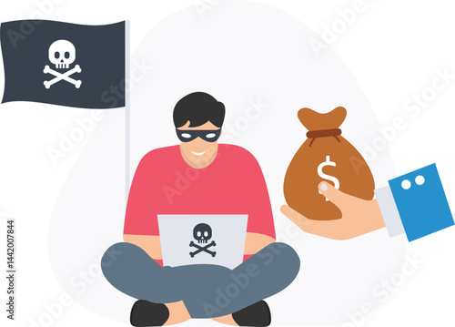 Hacker wearing a mask sits on the floor with a laptop, receiving payment for cyber crime beneath a jolly roger flag, embodying the essence of digital lawlessness and risk

