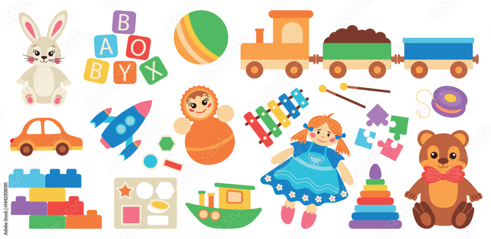 Set with children's toys and musical instrument, toy transport on white background. Set with children's toys and musical instrument, toy transport on white background.