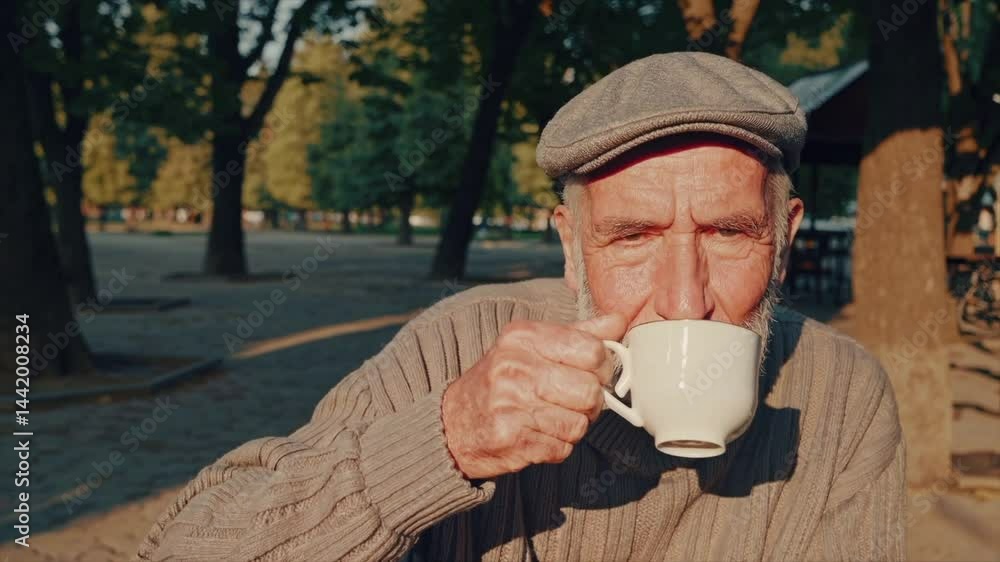 Elderly man enjoys coffee in sunlit park as nature surrounds him during serene afternoon Elderly man enjoys coffee in sunlit park as nature surrounds him during serene afternoon