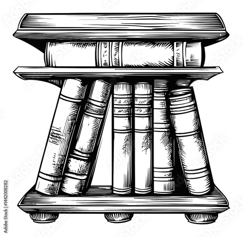 Detailed Engraving of Antique Books on a Wooden Bookshelf