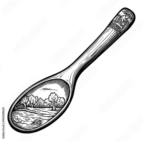 Detailed Engraving of a Scenic Landscape on a Spoon Illustration
