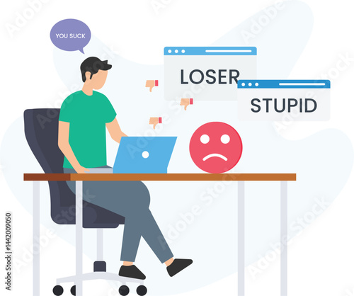 Young man working from home as freelancer receiving negative feedback, insults and online bullying such as loser and stupid, with dislike symbols and a sad emoji

