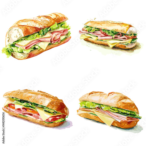 Hand-painted sandwich with ham, cheese, lettuce, and tomato in watercolor style. Perfect for lunch menu visuals, cafe illustrations, or deli shop branding. Isolated on white background.

