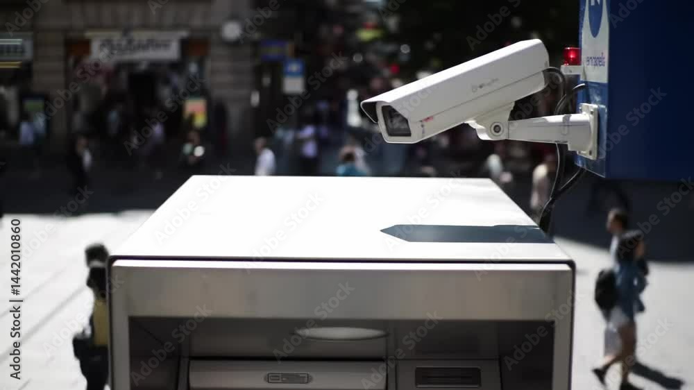 Security cameras monitor busy urban area near ATM during daytime activity Security cameras monitor busy urban area near ATM during daytime activity